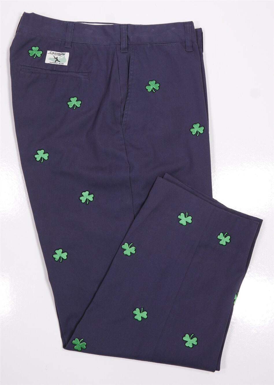 Castaway Nantucket Island Navy Blue Shamrock 4-Leaf Clover Lucky Chino Pants 33